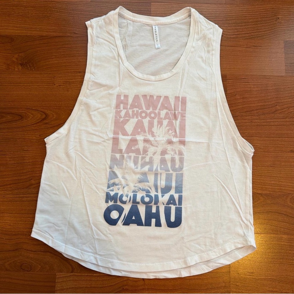 Fabletics White Tank Top with Island Graphic